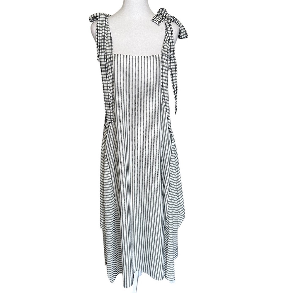 NWT Zara Overall Midi Dress Women's Size Medium Tie Straps Striped White Black